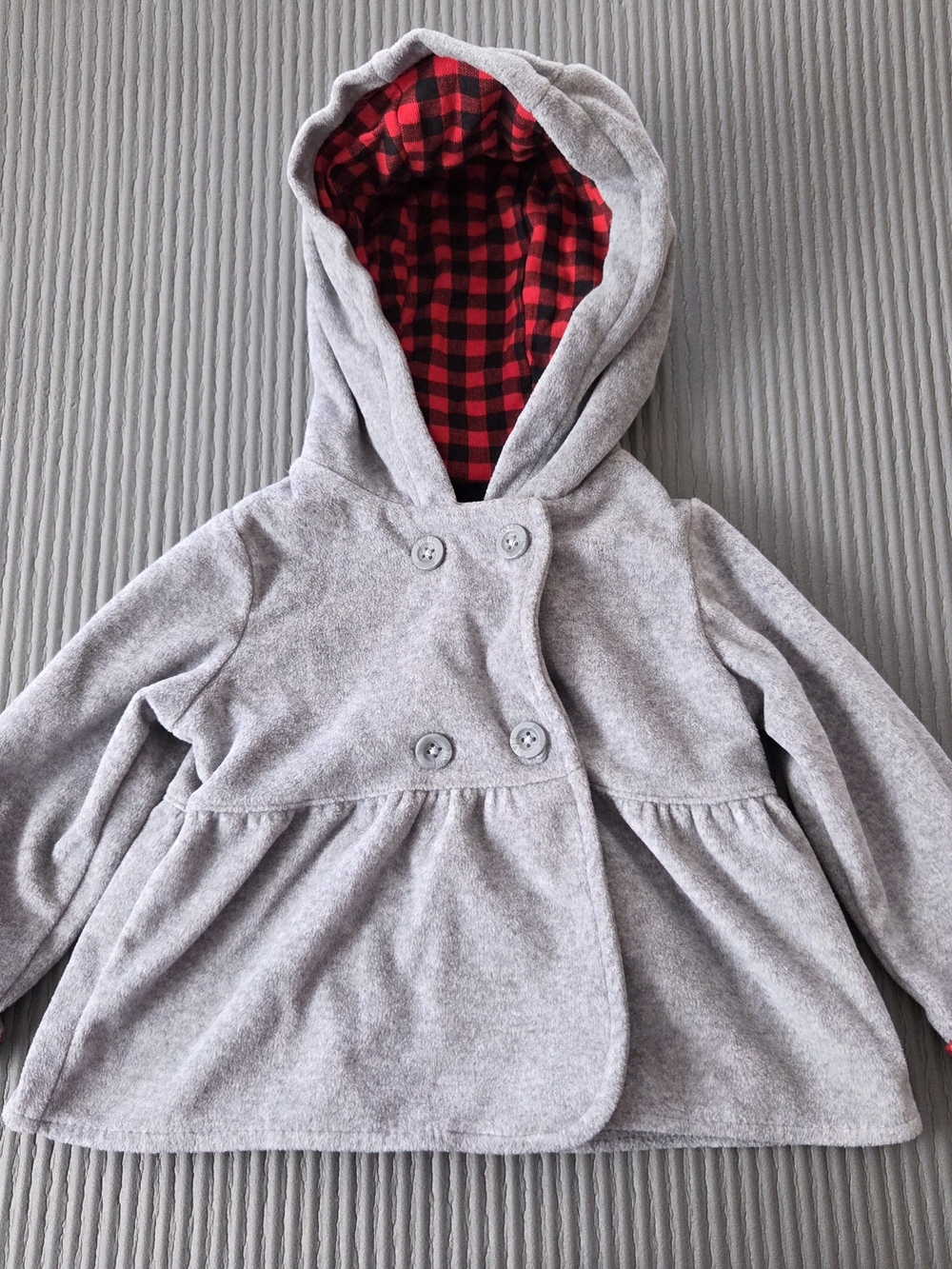 Carter's Light Gray Hooded Peacoat with Red Plaid Lining Double Breasted 9M